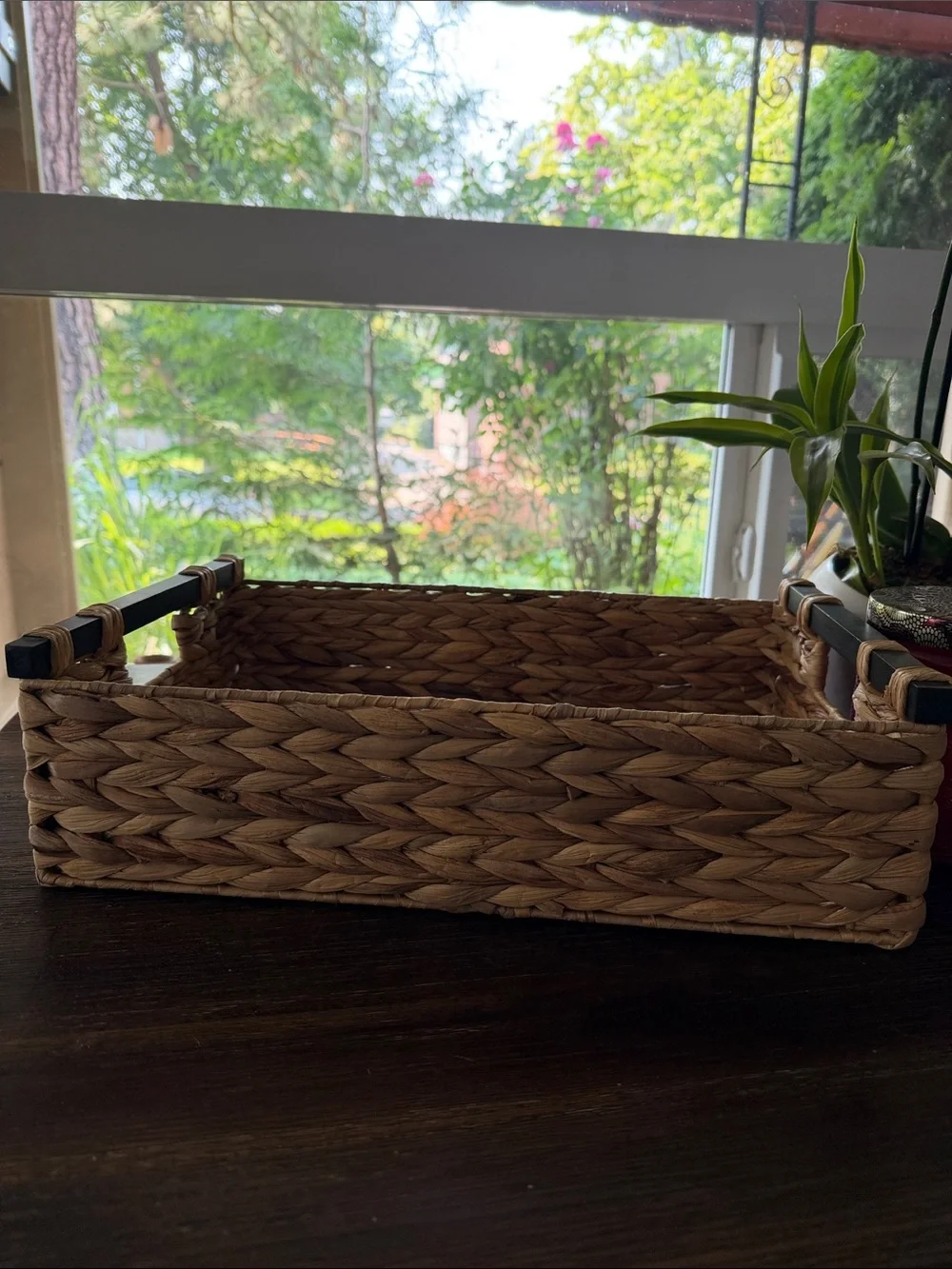 Woven Seagrass Serving Tray with Wooden Handles - Natural Brown